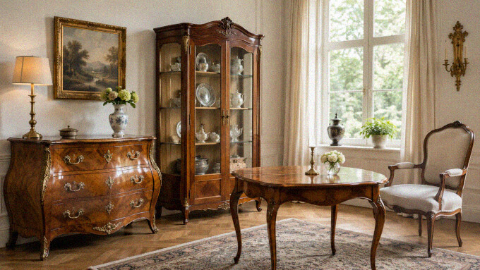 Antike Möbel in einem hellen Raum mit Kommode, Vitrine, Tisch und Stuhl als Motiv für die Wertermittlung beim Möbelankauf.