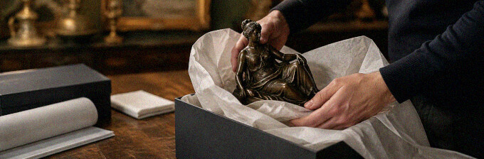 Antike Bronzefigur auf einem Tisch während einer ersten Begutachtung