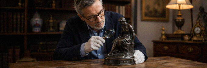 Detailaufnahme einer signierten antiken Skulptur mit sichtbarer Patina