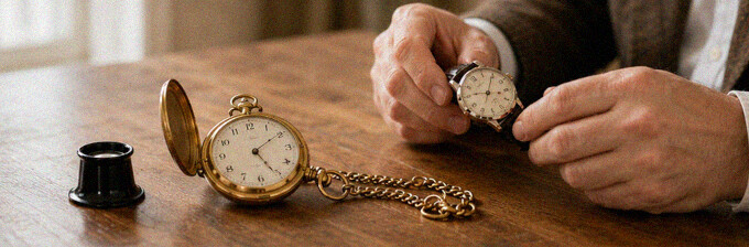 Alte Taschenuhr und Armbanduhr auf dunklem Untergrund für eine kostenlose Einschätzung beim Uhrenankauf