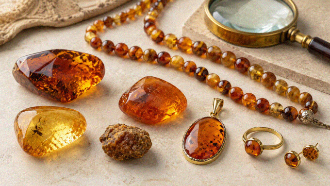 Nahaufnahme verschiedener Bernsteinstücke und Bernsteinschmuck zur Bewertung von Farbe, Zustand und Verarbeitung