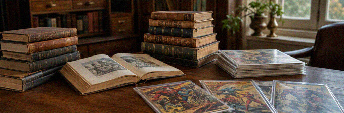 Sortierte Büchersammlung und Comic-Hefte in ruhiger Beratungsatmosphäre.