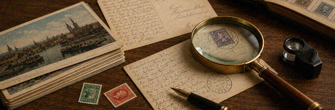 Geöffnetes Briefmarkenalbum mit Lupe, Pinzette und historischen Briefmarken auf einem dunklen Holztisch.