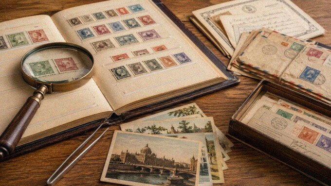 Detailaufnahme eines Briefmarkenalbums mit Lupe, Pinzette, alten Postkarten und sortierten Belegen zur Wertermittlung.