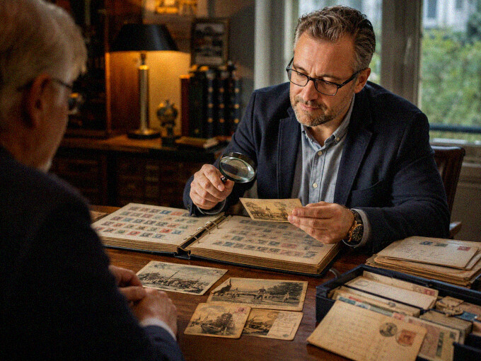Person prüft ein Briefmarkenalbum und historische Postkarten mit Lupe an einem Beratungstisch.