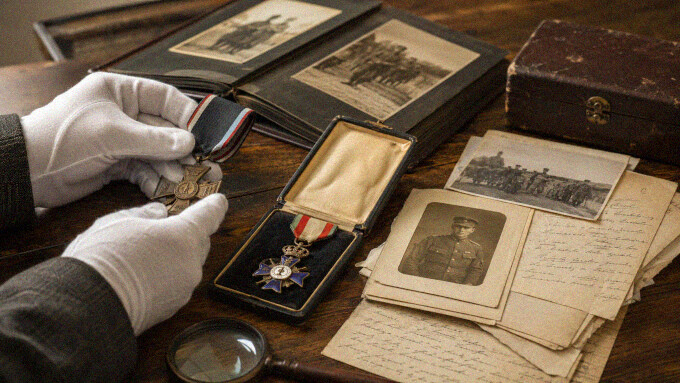 Historische Militaria mit Orden, Dokumenten, Fotoalbum und Etui zur Bewertung von Originalität, Zustand und Herkunft