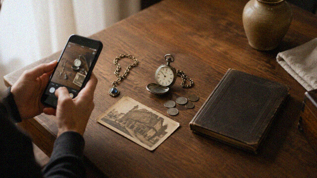 Person fotografiert ausgewählte Antiquitäten wie Taschenuhr, Schmuck, Münzen und historische Dokumente für eine Anfrage.
