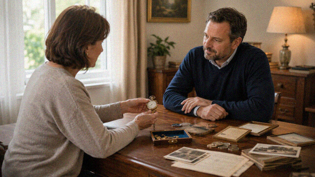 Persönliche Beratung zu Antiquitäten mit Taschenuhr, Schmuck, Münzen, Fotos und historischen Dokumenten auf einem Tisch.
