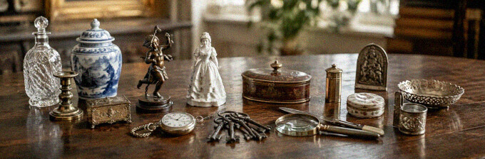 Verschiedene historische Gegenstände und kleine Sammlerstücke auf einem Tisch zur kostenlosen Ersteinschätzung