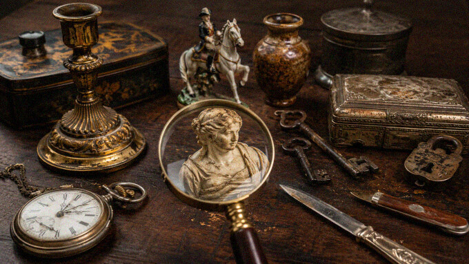Verschiedene Antiquitäten, Raritäten und historische Gebrauchsgegenstände mit Lupe zur Bewertung von Alter, Zustand und Seltenheit