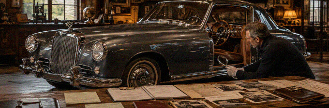 Detailprüfung eines historischen Fahrzeugs mit Blick auf Karosserie, Innenraum und Fahrzeugunterlagen