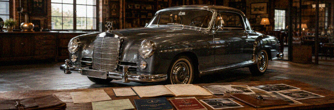 Historischer Oldtimer mit Fahrzeugpapieren und Detailaufnahmen zur kostenlosen Ersteinschätzung