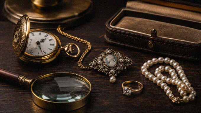 Antiker Schmuck mit Ringen, Ketten, Broschen und Schmuckschatulle auf einem Holztisch