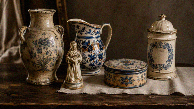 Antike Keramikvase, verzierter Krug, kleine Figur, bemalte Dose und historisches Apothekergefäß auf einem Holztisch mit Leinentuch.