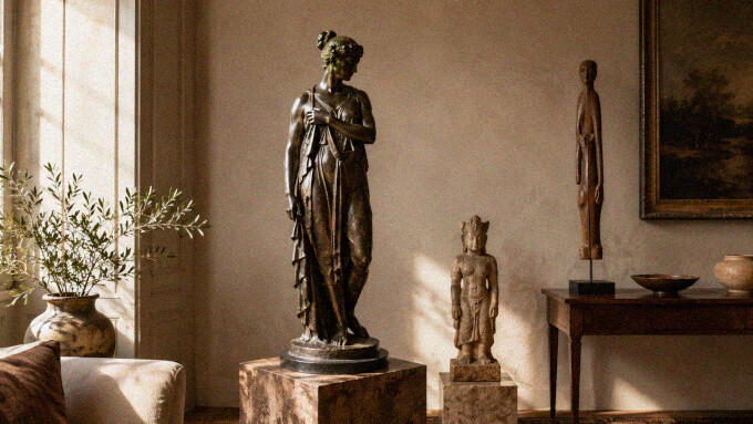 Antike Bronzeskulptur auf Sockel, kleinere Steinfigur und schlanke Holzskulptur in einem stilvoll eingerichteten Raum mit warmem Seitenlicht.