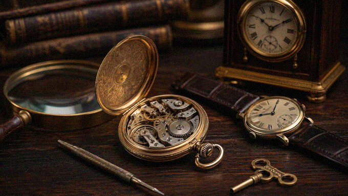 Geöffnete antike Taschenuhr, klassische Armbanduhr, kleine Kaminuhr, Lupe und Uhrmacherwerkzeug auf einem dunklen Holztisch mit warmer Beleuchtung.