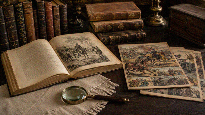 Alte ledergebundene Bücher, geöffnetes illustriertes Buch, historische Comic-Hefte und eine Lupe auf einem dunklen Holztisch mit Leinentuch.