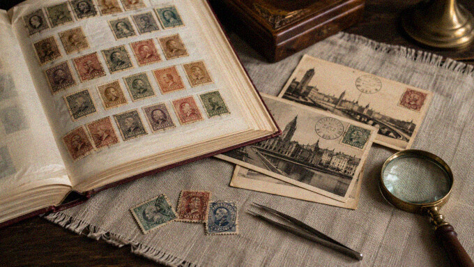 Geöffnetes Briefmarkenalbum, historische Postkarten, lose alte Briefmarken, Pinzette und Lupe auf einem dunklen Holztisch mit Leinentuch.