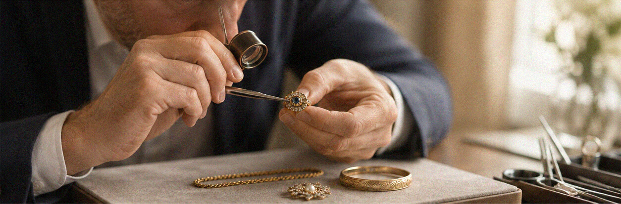 Experte prüft einen Ring mit Lupe und Werkzeug bei der persönlichen Bewertung von altem Schmuck