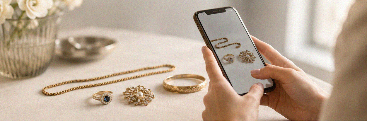 Schmuckstücke werden mit dem Smartphone fotografiert, um eine erste Einschätzung für den Schmuckankauf anzufragen