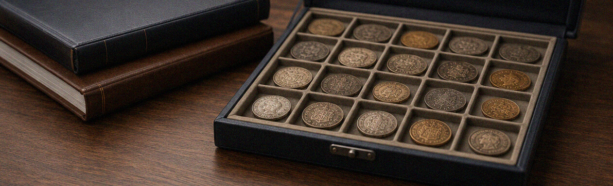 Geordnete Münzsammlung in einem Sammlerkasten mit alten Alben im Hintergrund