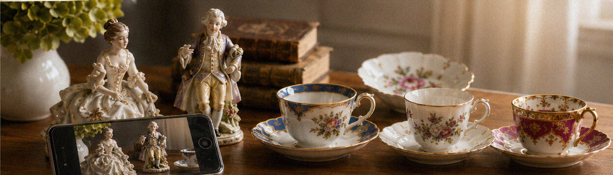 Alte Porzellanfiguren und Tassen auf einem Tisch für eine kostenlose Ersteinschätzung beim Porzellanankauf