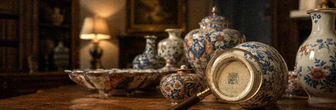 Alte Keramikvase mit Bodenmarke auf einem Tisch für eine kostenlose Ersteinschätzung beim Keramikankauf