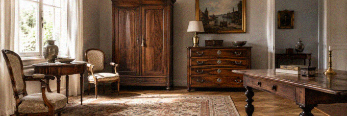 Antiker Schrank und Stühle in einem Nachlassraum als ruhiges Motiv für diskrete Abwicklung beim Möbelankauf.