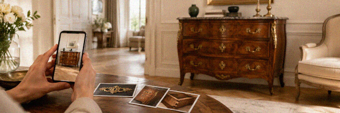 Antike Kommode aus Holz mit Messingbeschlägen in ruhiger Wohnatmosphäre als Symbol für die kostenlose Ersteinschätzung beim Möbelankauf.