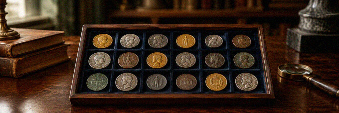 Münztablett mit historischen Münzen